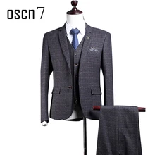 OSCN7 Dark Grey Plaid Suit Men Slim Fit Custom Made Business Formal Suits for Wedding 2017 Latest Coat and Pants 3pcs Terno