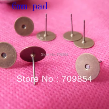 

free shipping!!! 1000pcs/lot 6mm pad antqiue bronze ear post ear needle jewelry findings