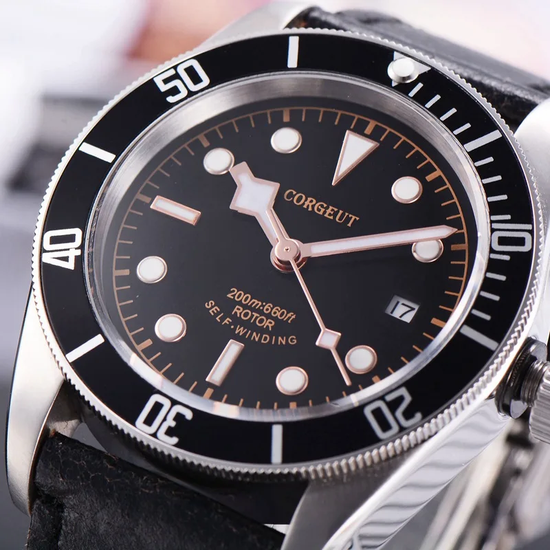 Corgeut 41 мм Мужские автоматические часы черный циферблат Rosegold Lume Marks сапфировое