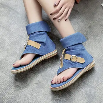 

Denim sandals for women Roman clip toe open toe flat bottom belt buckle blue back zipper comfortable cool boots