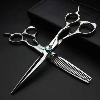 

6 inch Hair Cutting Thinning Scissors Japan 440c Blue Gem Silver Handle Hairdressing Shears Barber Special Salon Tools