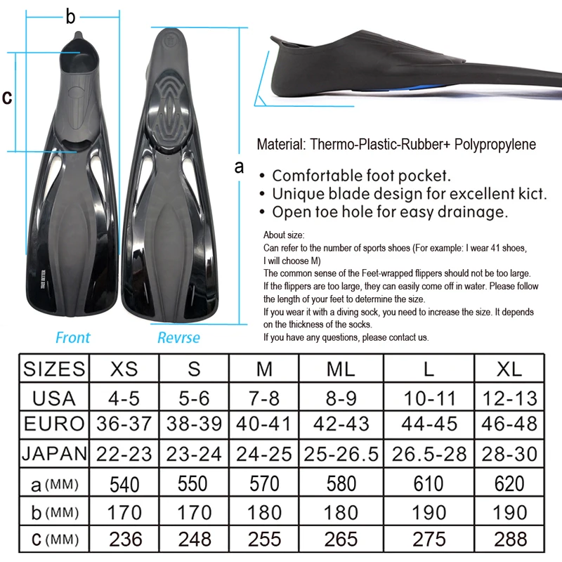 TREE mejor aletas de buceo para adultos profesional Snorkeling natación aletas larga Flexible aletas sumergibles Zapatos negro 36 a 48 - 2