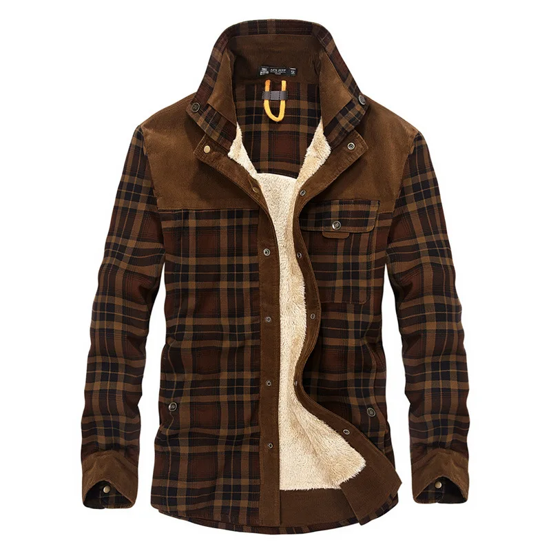 

AFS JEEP Military Shirt Men Casual Shirts Winter Wool Fleece Thick Warm Plaid Corduroy Shirts Camisa masculina Chemise homme