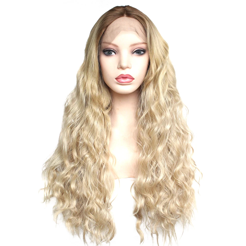 

Brown Ombre Blonde Glueless Synthetic Lace Front Wig High Temperature Fiber Middle Part Long Natural Wave Hollowe Full Hair Wigs