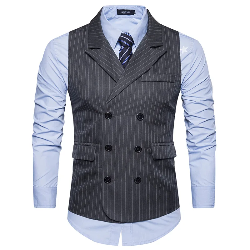 

Men Vest Double Breasted Waistcoat 2019 Brand Fashion Sleeveless Striped Suit Vest Wedding Groom Slim Gilet Plus Men Clothes