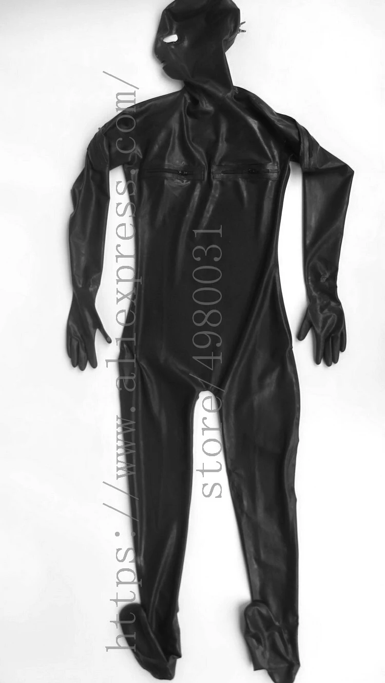 Full cover men's Zentai black late catsuit mask with breast& shoulders zippers and attached socks and gloves