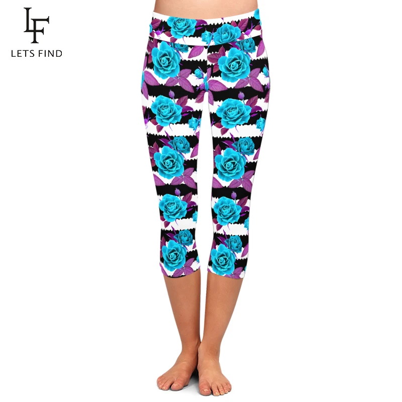 

LETSFIND Summer Women Capri Leggings 3D Beautiful Flowers Print Digital Print High Waist Elastic Mid-Calf Leggings Plus Size