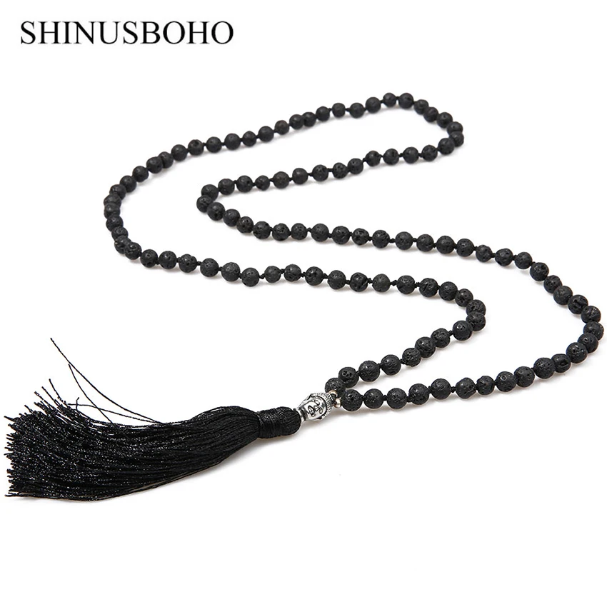 

SHINUS BOHO Classic Buddha Head Necklaces for Women Black Volcanic Stone Strand Necklace Meditation Prayer Religious Jewelry