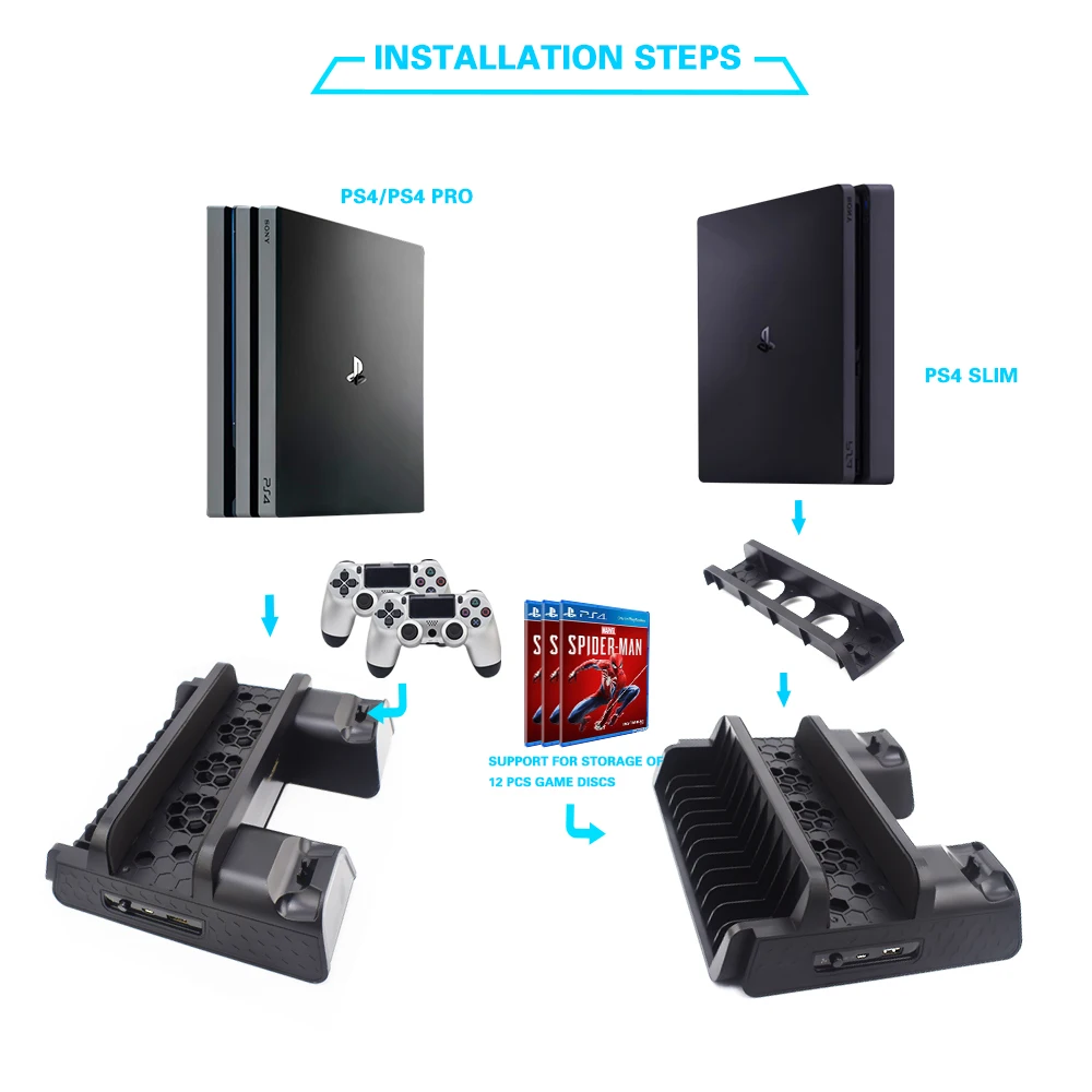  PS4 Cooling Fan Heat Sink Base Vertical Charger Stand Dual Controller Charging Dock for Playstation