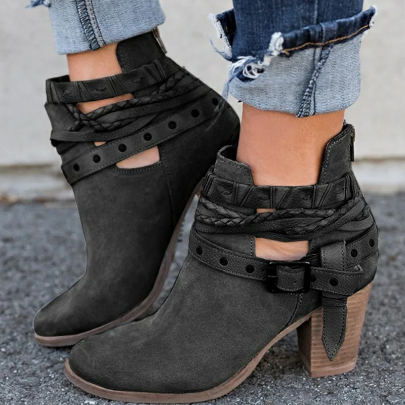 Online Ankle Boots Suede Leather Casual High Heels Fashion Square Rubber Khaki Buckle Strap Shoes For Women Summer Boots Size 34 43