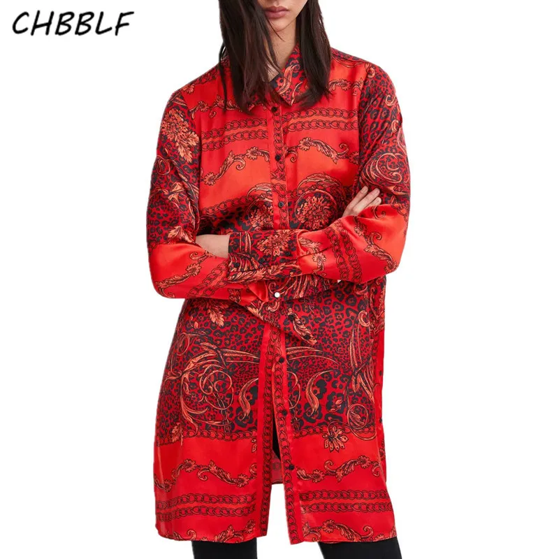 

CHBBLF women red long blouse turn down collar long sleeve split shirt tops XDN8657
