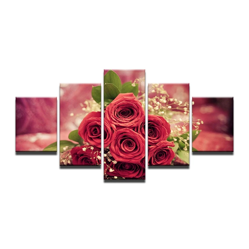 5 Panel Framed Abstract Art Printed On Canvas HD Red Rose Painting Wall