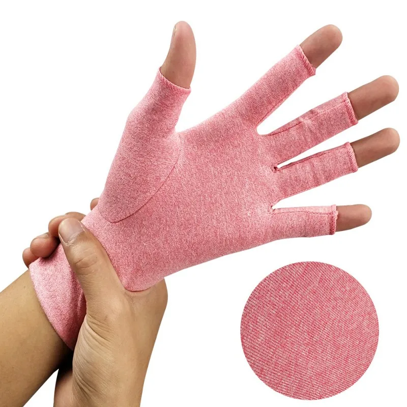 Компрессионные перчатки Зимняя ручная одежда половина пальца легкие дышащие термальные(артрит) восстановление - Цвет: Розовый