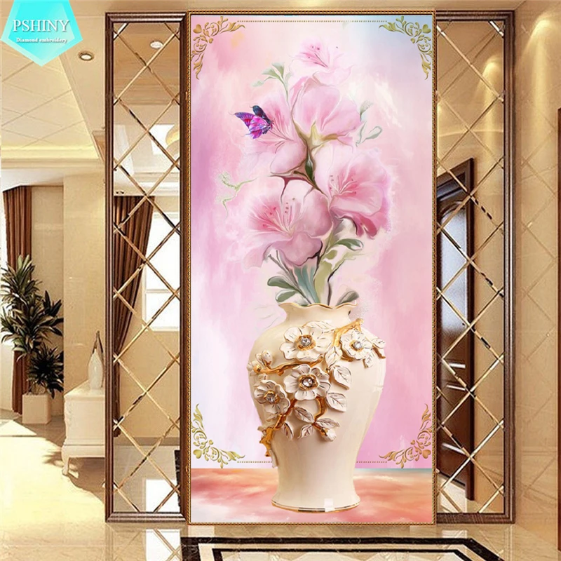 

PSHINY 5D DIY Diamond embroidery sale Pink Flowers Vase pictures of rhinestones Full drill Square Diamond Painting new arrivals