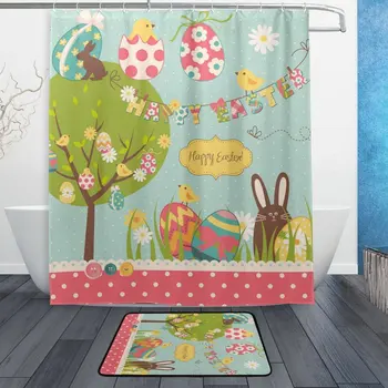 

Cartoon Cute Easter Holiday Shower Curtain and Mat Set, Floral Bunny Rabbit Egg Waterproof Fabric Bathroom Curtain