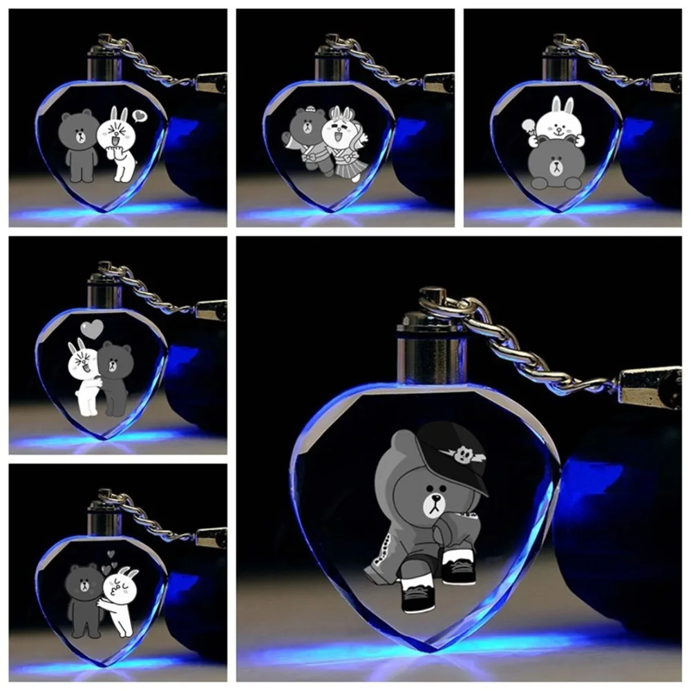 

Cartoon Bear Brown Bunny Cony LED key chains funny cute pendant Light crystal heart keychain Llaveros porte clefs kids toy gifts