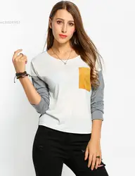 Fanala футболка Для женщин Drop-Shoulder Асимметричный карман Зимняя одежда футболка с круглым вырезом Футболка в мозаичном стиле с длинным рукавом