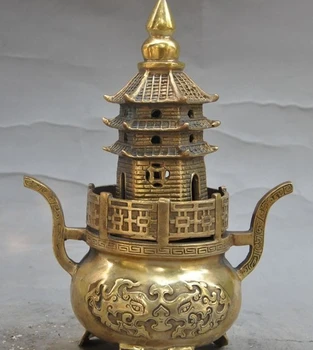 

7" china buddhism temple pure brass beast Face tower stupa incense burner Censer