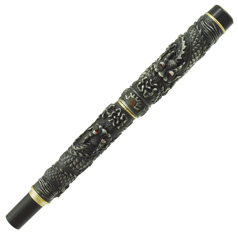 Jinhao Penna Roller Lussuosa Vintage Grigia Piccola Doppia Drago Che Gioca Perla, Penna Da Collezione Pesante In Rilievo Con Intaglio In Metallo