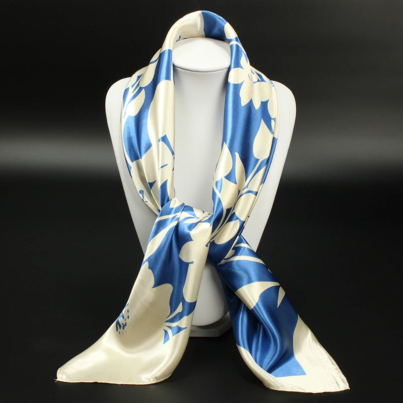 Женский шарф Шелковый синий цветочный принт платок Роскошный Дизайнер Большой 90*90 см Бандана Хиджаб Атлас квадратный платок шарфы для женщин шаль