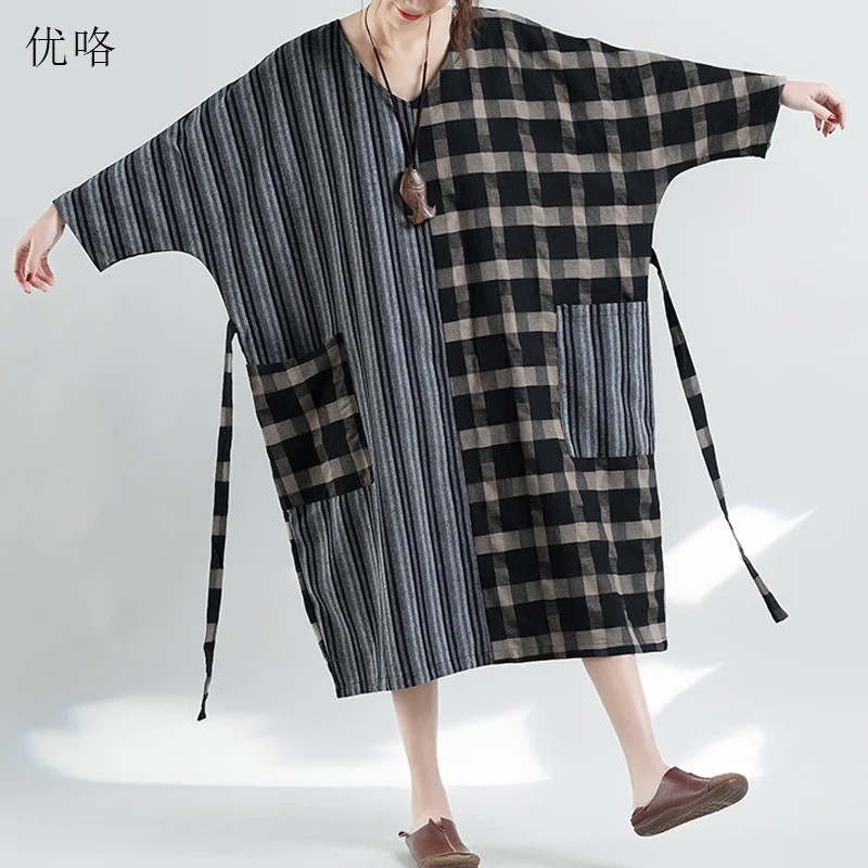 

Plus Size Women Linen Dress 4XL 5XL 6XL Vintage Batwing Robe Femme Plaid Stitching Cotton Dress 2019 Spring New Long Dresses