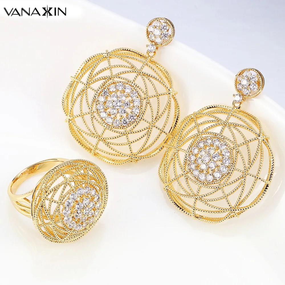 

VANAXIN Brazil Jewelry Set Rose/Gold/Silver Color Crystal Earring//Ring for Women Round Set Top Quality Brincos De Festa Female
