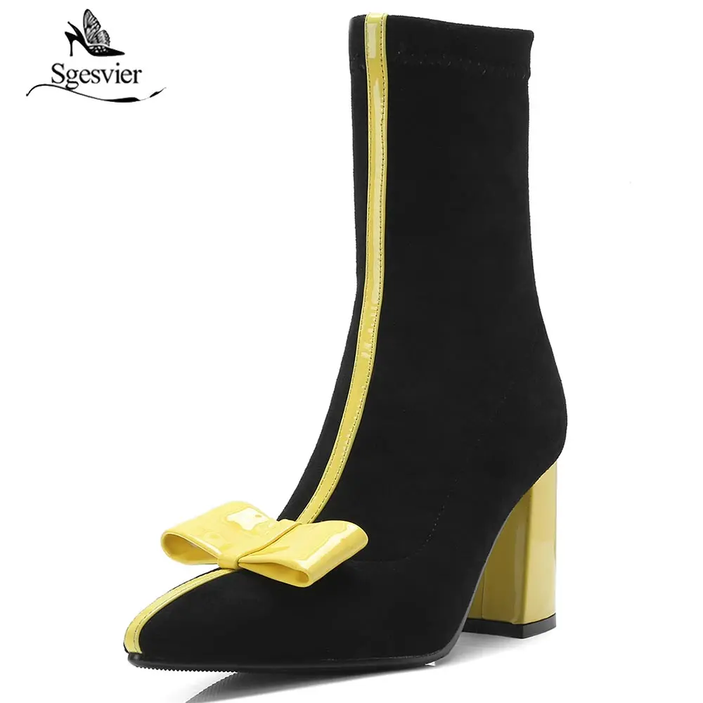 

Sgesvier Boots for Women Flock Thick Heels High Heel Shoes Pointed toe Autumn Winter Bowtie Ankle Boots Casual Shoes Woman OX937
