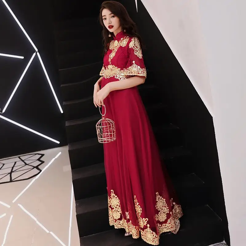 Большие размеры 3XL азиатское женское свадебное вечернее платье Qipao с вышивкой для выпускного вечера китайское национальное платье для беременных Cheongsam для дам - Цвет: Burgundy 2