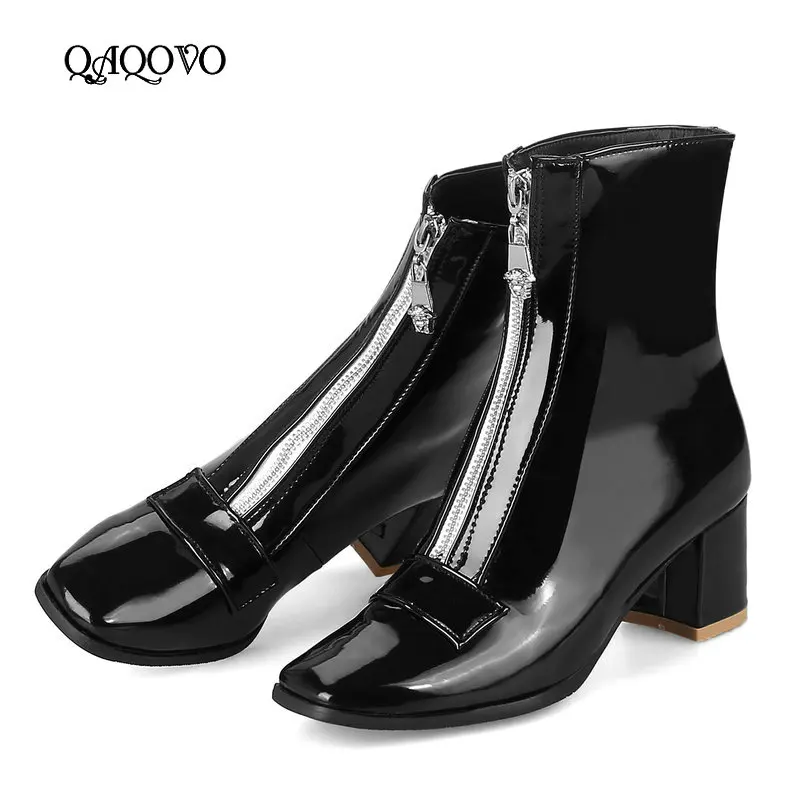 

Fashion Ankle Boots Women Patent Leather Comfort Square High Heel Booties Square Toe Front Zipper Autumn Winter Ladies Shoes