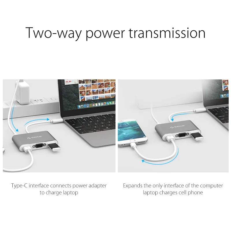 ORICO RCV3A алюминиевый концентратор с тип-c для VGA/тип-c/тип-a конвертер USB3.1 Gen1 5 Гбит/с 3 USB3.0 портами для Mac/Windows/Linux