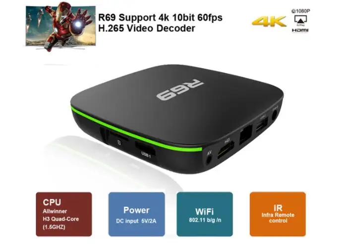 

Smart TV Box 5PCS/LOT R69 Android 7.1 2GB 16GB Allwinner H3 Quad-Core 2.4G Wifi Set Top Box 1080P HD movie 1GB 8GB Media player