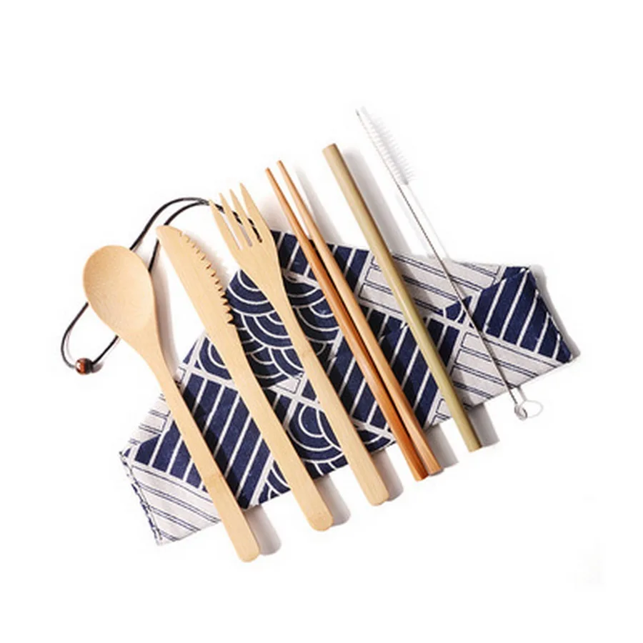 DHL 200set Japanese Style Wooden Dinnerware Set Bamboo Cutlery Straw Cutlery Set With Cloth Bag Kitchen Cooking Tools