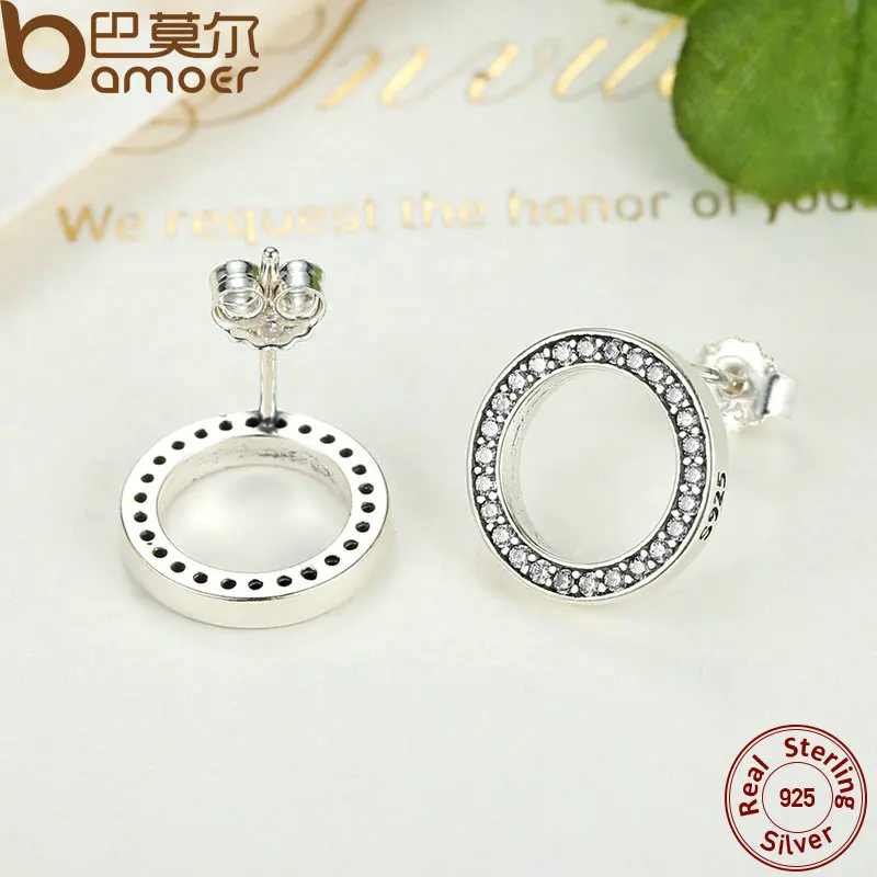 BAMOER Forever Clear CZ 925 Sterling Silver Circle Round Stud Earrings with CZ Jewelry GIFT Oorbellen Bijoux PAS437