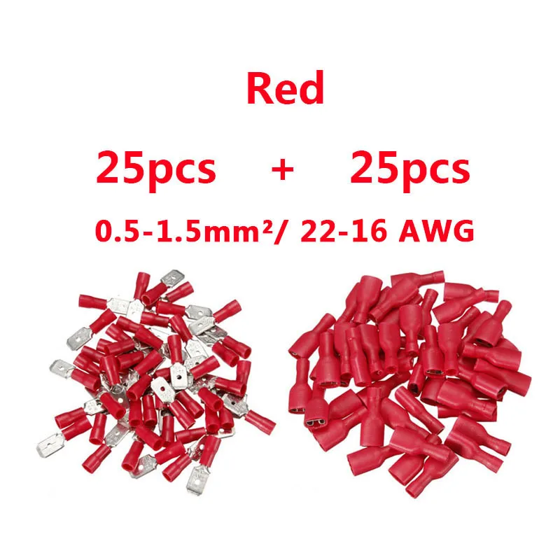 6.3mm 22-16 16-14 12-10AWG Female Male Electrical Wiring Connector Insulated Crimp Terminal Spade FDFD MDD1.25-250 2.5-250 5-250 - Цвет: 50pcs 25sets red