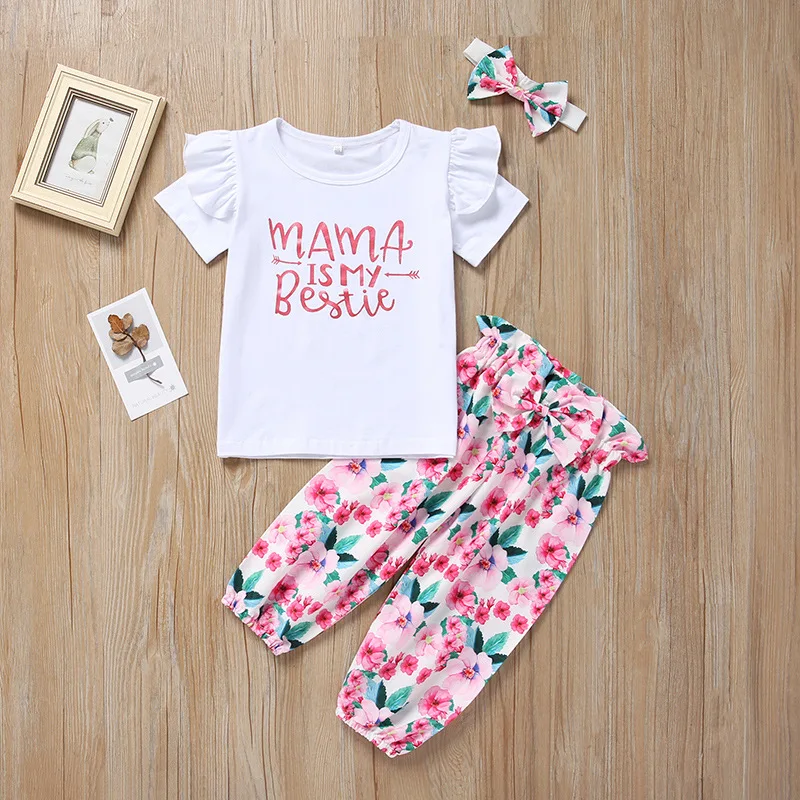 

3PCS SETS Newborn Baby Girl Clothes 2019 Summer Letter Mama Is My Bestie T-shirts+Floral Pants+Headband Infant Baby Girl Outfits