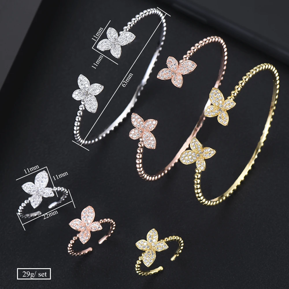 GODKI Luxury 3 Tone Flower Bangle Ring Sets Fashion Dubai Silver Bridal Jewelry Sets For Women Wedding brincos para as mulheres