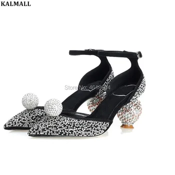 

KALMALL Bridal Wedding Shoes Luxury Crystal Strange Heel Sandals Pointed Toe Diamonds Heels Ankle Strap Rhinestone Sandals Party