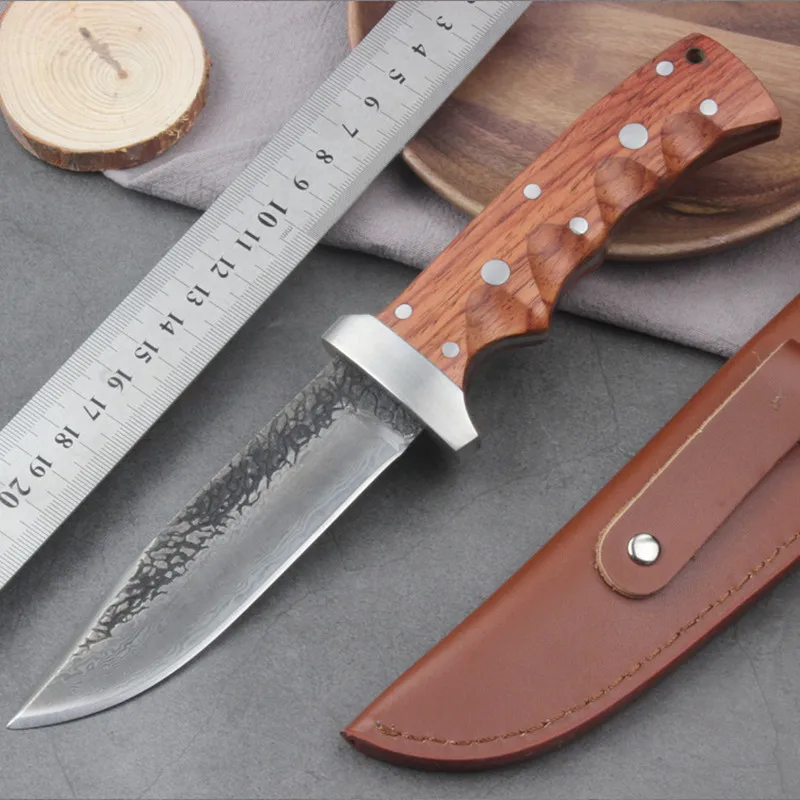 Ручной ковки охотничий нож из дамасской стали фиксированный рукоятка ножа из черного дерева Дамаск стальной прямой нож - Цвет: Бургундия