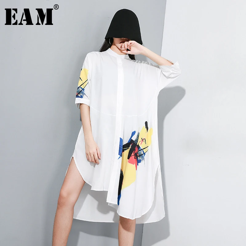 

[EAM] 2019 New Spring Summer Stand Collar Half Sleeve Print Pattern Irregular Big Size Loose Shirt Women Blouse Fashion JY352