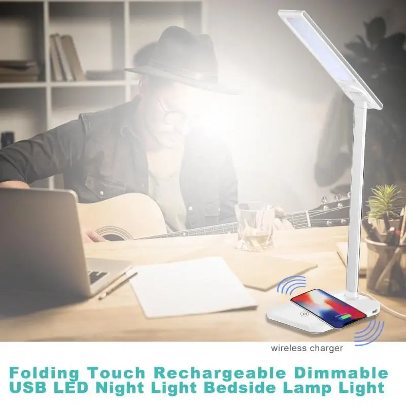 

Table Desk LED Lamp Rechargeable Folding Dimmable LED Touch Desk Lamp Eye-protected Night Light USB+Wireless Phone Charger