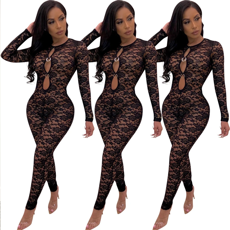 

Summer Lace Zipper Sexy Nightclub Ladies Jumpsuits Black Long Sleeves Playsuits Gothic Fashion Trousers Overalls Bodysuits