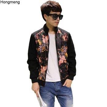 

Spring Autumn Leather Suede Patchwork Jacket Men Fashion Flower Printed Leather Stand Collar ZipperJacket Plus Size M-6XL