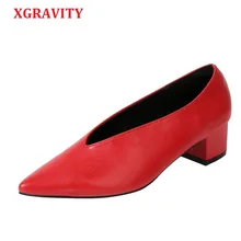 XGRAVITY/винтажная однотонная женская обувь из натуральной кожи на среднем каблуке; модельная обувь с острым носком; пикантная Женская обувь в стиле ретро с v-образным вырезом; женская обувь; A119