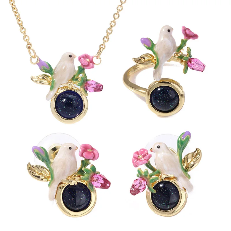 

Simple elegant enamel glaze flower bird gem earring ring necklace jewelry sets for women romantic gift
