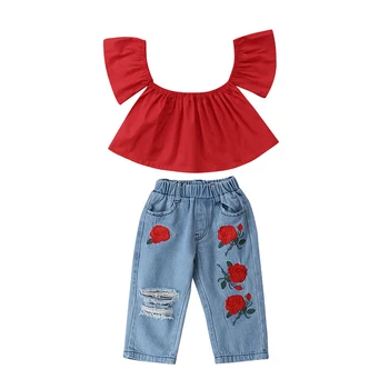 

2PCS Toddler Kids Girl Off shoulder Tank Tops+Rose Flower Denim Pant Ripped Jean Outfits Summer Children Clothes 2-7Y
