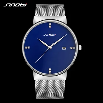 

SINOBI Slim Mens Watches Top Brand Luxury Calendar Date Clock Wristwatch Fashion Ultra Thin Stainless Steel Quartz Geneva Watch