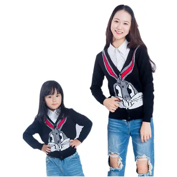 

Mother Daughter Clothes Sweater Autumn Shirts Rabbit Cartoon Print Family Matching Outwears Dad Mum Baby Kid Warm Black Clothes