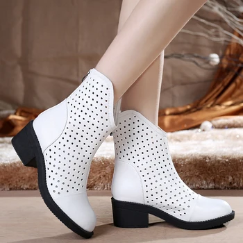 

Genuine Leather Female Spring And Autumn Boots Cutout Mesh Boots Medium Heel Shoes women's Shoes