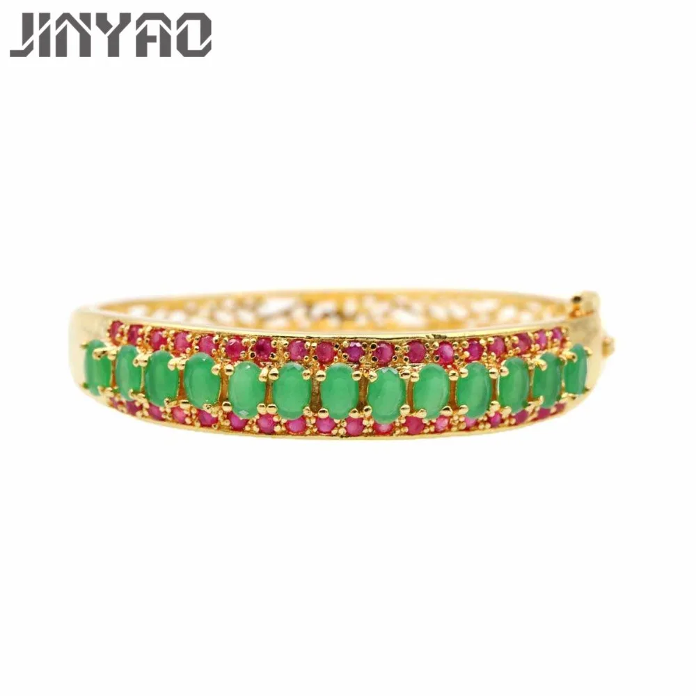 

JINYAO Luxury Green&Red Zircon Yellow Pure Gold Color Bracelet Bangles For Women Fashion Wedding Party Jewelry pulseiras bijoux