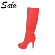 Salu/осенне-зимняя обувь с круглым носком, большие размеры 34-43 Женские Простые Сапоги до колена сапоги на платформе и высоком каблуке